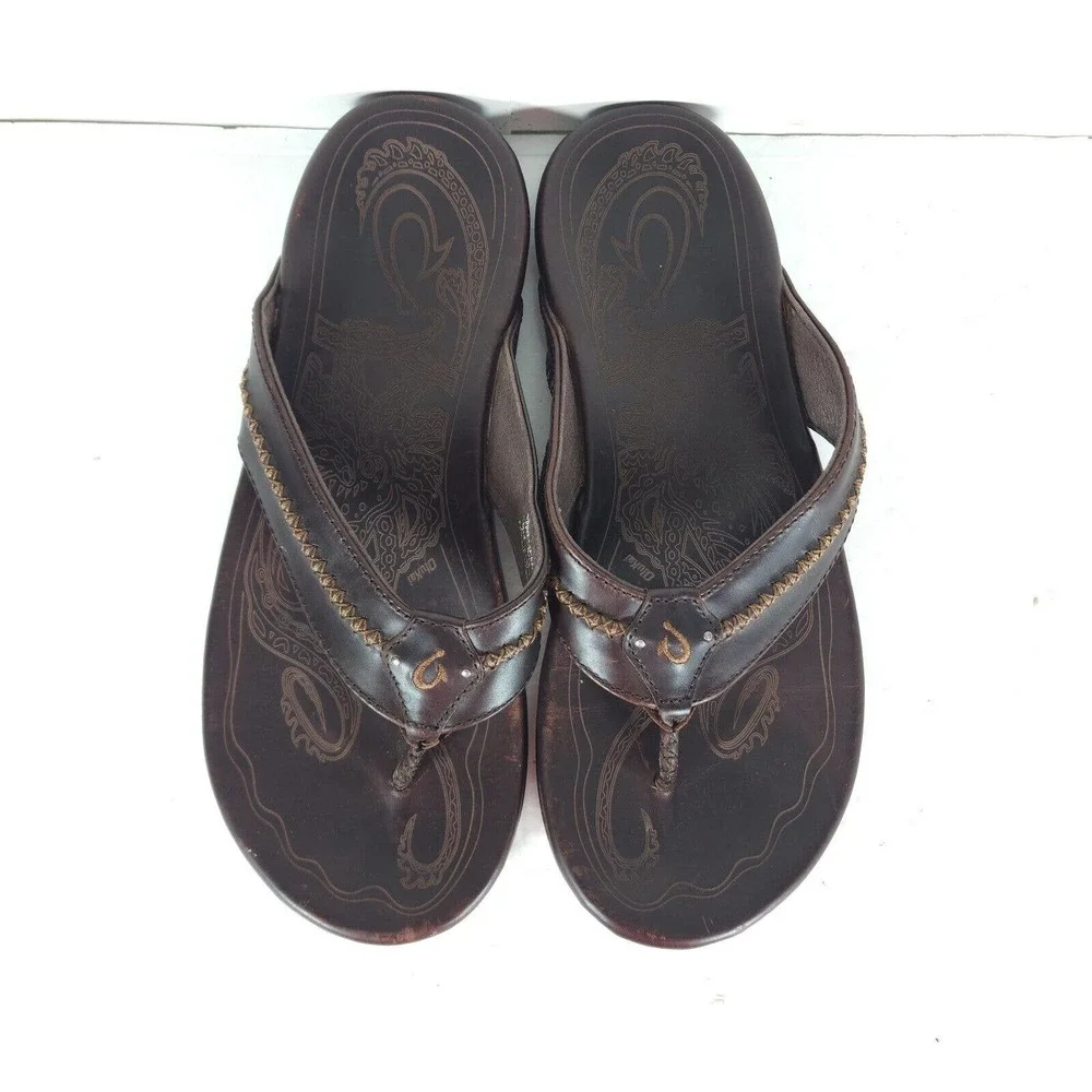 OluKai Men's MEA OLA US 13 Leather DARK JAVA FlipFlop Thong Sandals